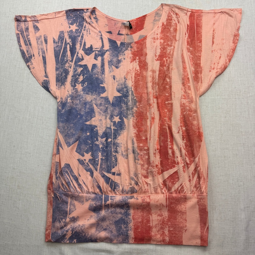 Poliana Plus Top Women 2XL Red Blue Distressed American Flag Dolman Americana